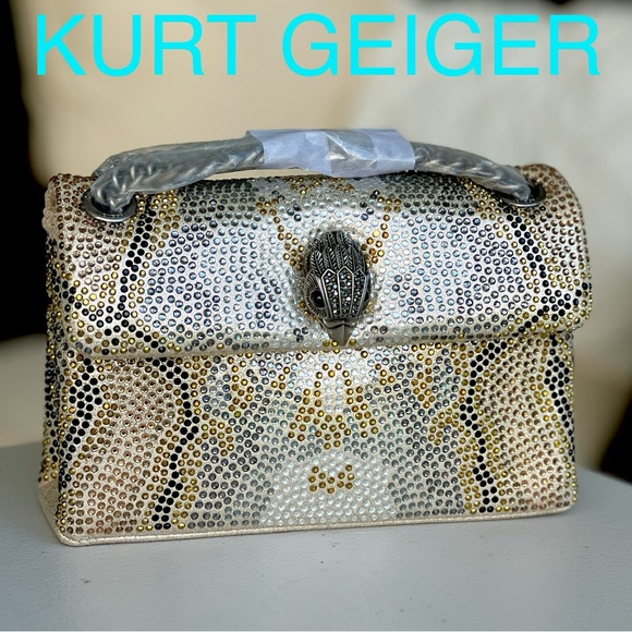 KURT GEIGER Mini Crystal Embellished Fabric crossbody shoulder bag SILVER GOLD - Picture 1 of 17